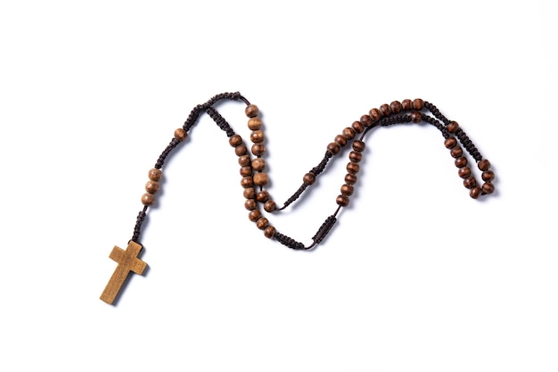 Rosary cathloic cross isolated on white background