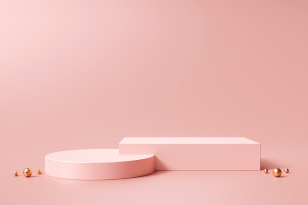 Rose gold cylinder and shape podium minimal product display pedestal background 3D rendering