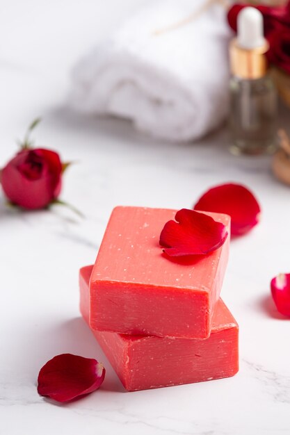 Rose handmade soap on marble background