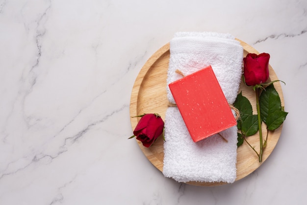 Rose handmade soap on marble background