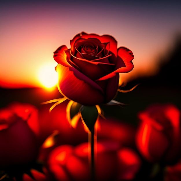 A rose is in front of a sunset with the sun setting behind it.