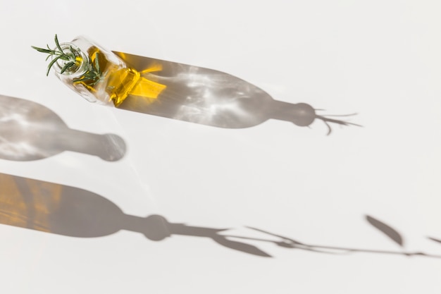 Rosemary in olive oil bottle on white background