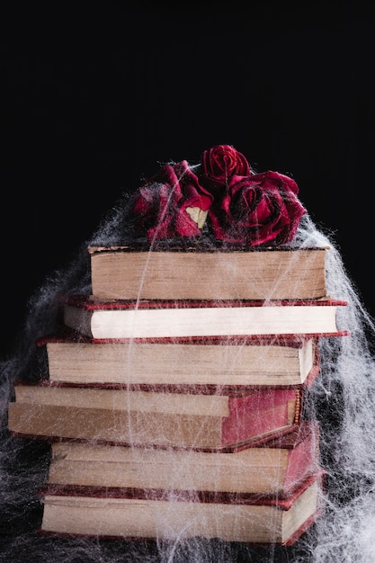 Roses and books with spider web
