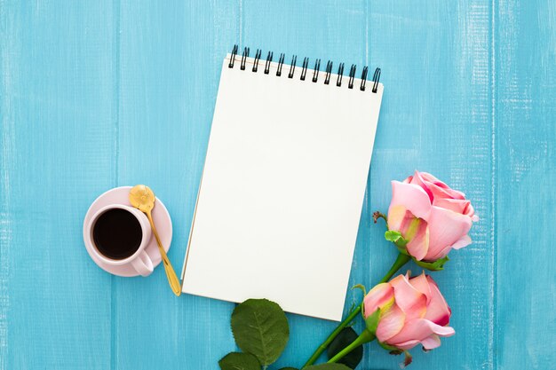 roses, coffee and notebook 