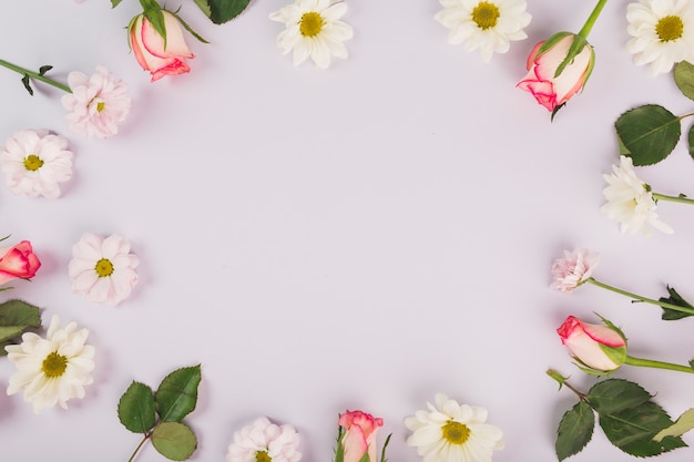 Roses and daisies near leaves