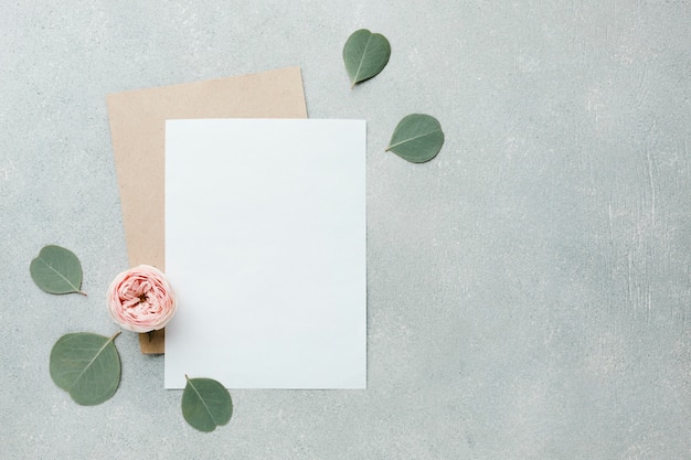 Roses and leaves flat lay with blank papers