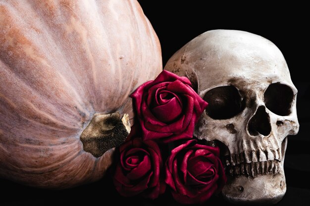 Roses with human skull and pumpkin