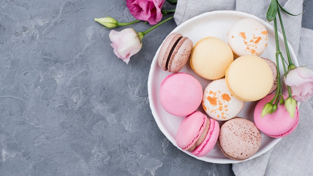 Free photo roses with macarons on plate with copy space