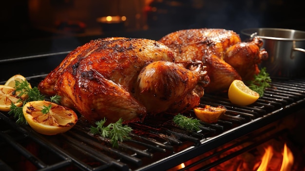 Free photo rotisserie chicken roasting on a grill