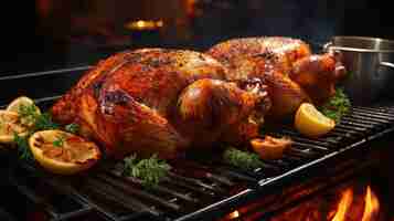 Free photo rotisserie chicken roasting on a grill