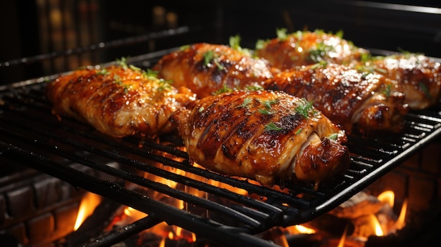 Free photo rotisserie chicken roasting on a grill