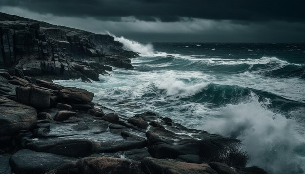 Free photo rough stone coastline crashing waves dramatic sky at dusk generated by ai