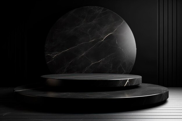 Round black marble podium for product presentation