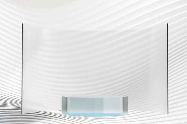 Round circle glass step podium with glass wall light theme white background. 3d illustration rendering.