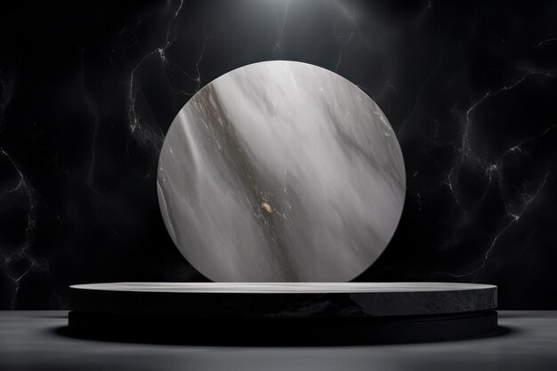 Round dark marble podium on black marble background