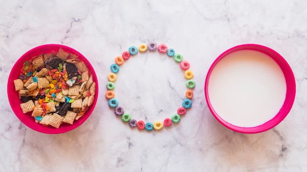 Round frame from cereals with bowls 