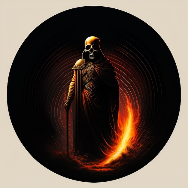 Free photo a round graphic with a skull and scythe in the middle.