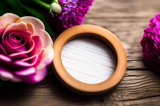 Free photo a round makeup brush sits next to a bouquet of flowers.