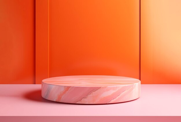 주황색 추상적 배경에 둥근 분홍색 대리석 연단