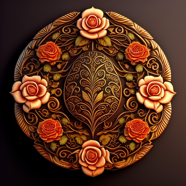 A round plate with roses on it and a gold rim.