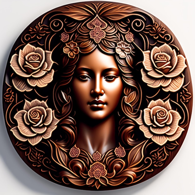 A round plate with a woman's face and roses on it.