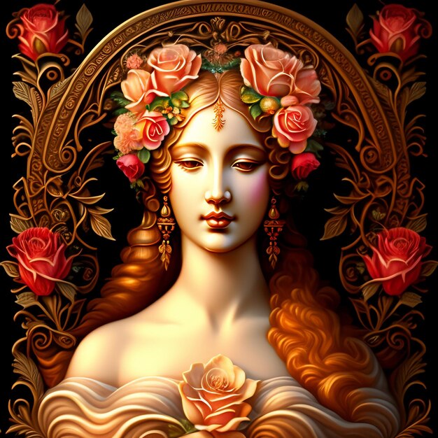 女性の顔とバラが描かれた丸皿