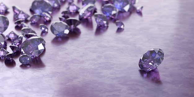 Round purple gems and jewelry diamond groups placed on glossy background