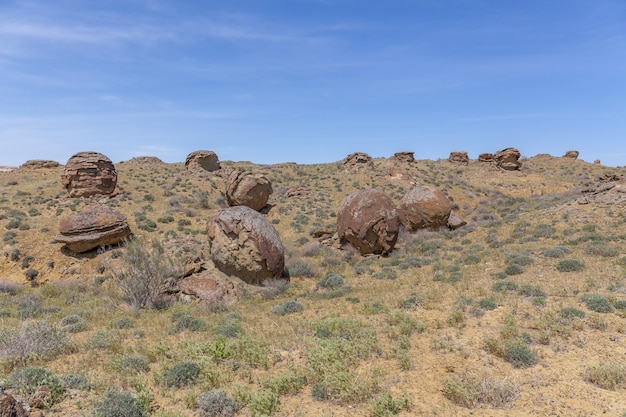 카자흐스탄 남서부 망기 스타 우 지역 우스 티우 르트 고원의 둥근 암석 프리미엄 사진
