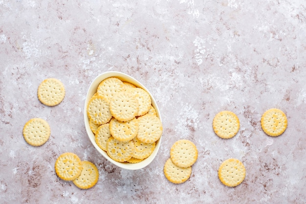 Round salted cracker cookies,snack.