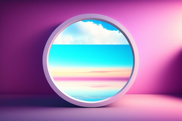 A round window with a beach and a blue sky in the background.