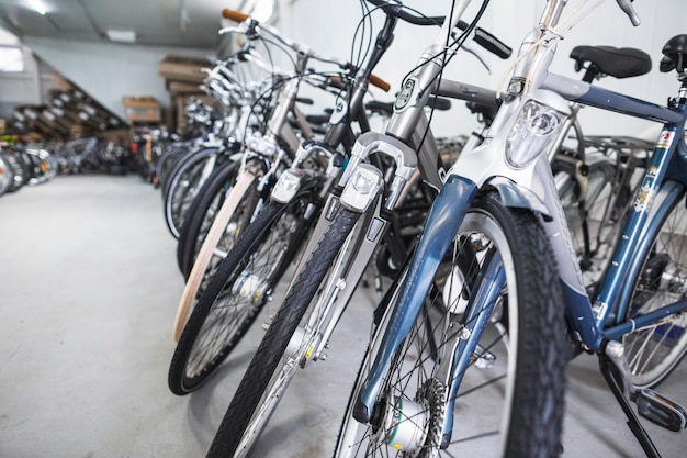 Row of bicycles in sport shop