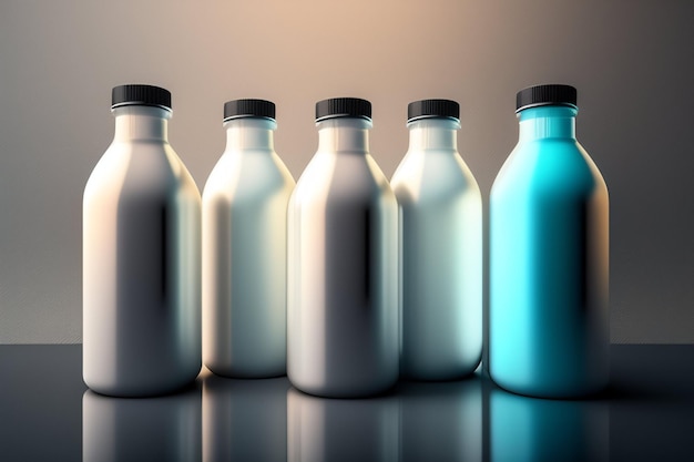 A row of bottles with different colors of milk.