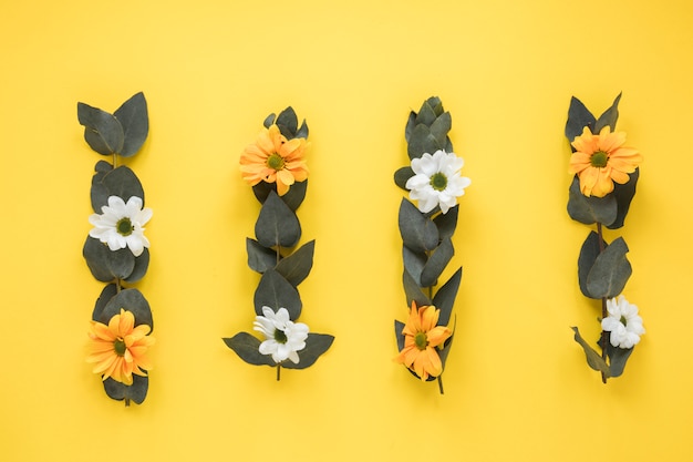 Row of fresh blooms with green leaves on twigs