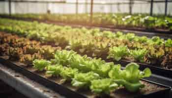 Free photo a row of lettuce in a greenhouse