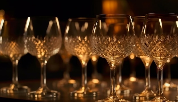 Ряд роскошных бокалов для шампанского прославляет романтику, созданную искусственным интеллектом