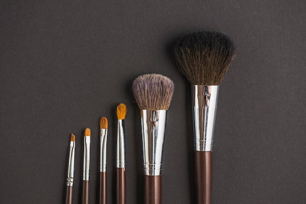 Row of makeup brushes on black backdrop