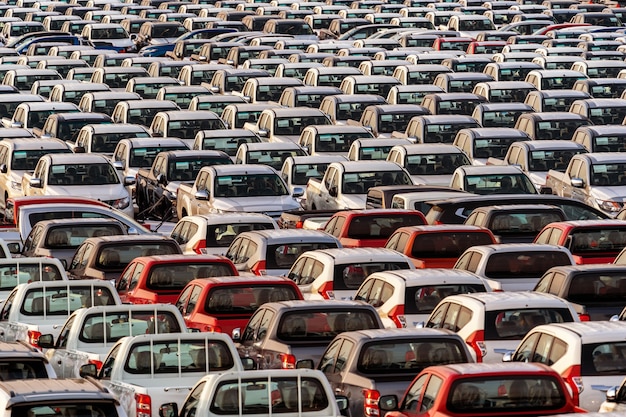 Free photo row of new cars in port.