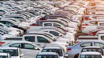 Free photo row of new cars in port.