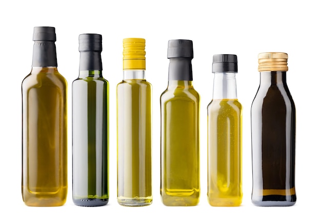 Free photo row of olive oil bottles isolated on white