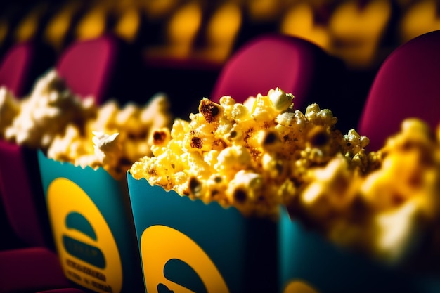 Una fila di popcorn in un cinema con la parola popcorn sul davanti.