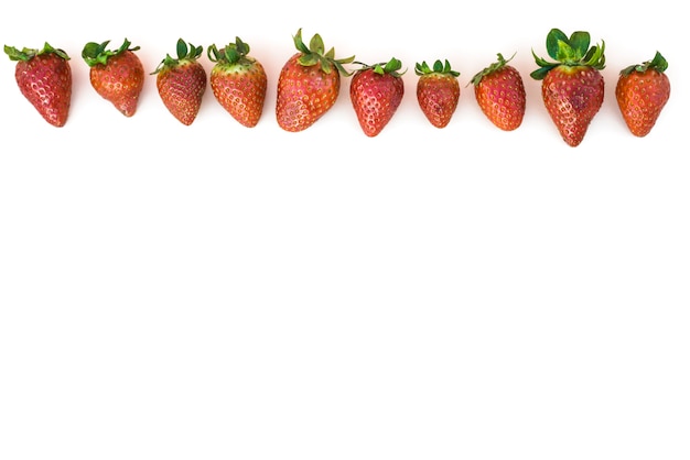 Row of red strawberries on white