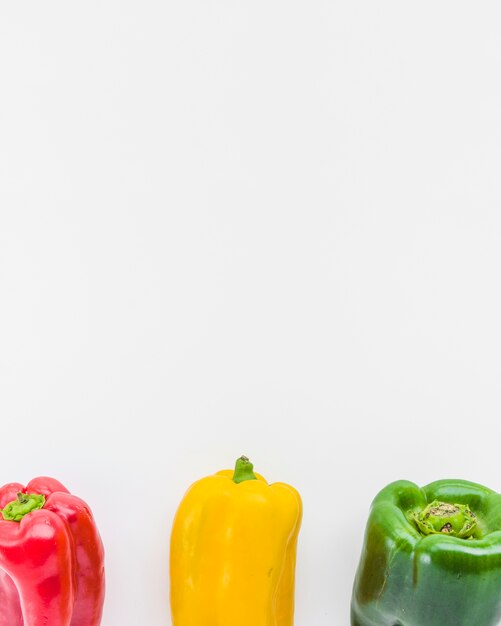 Row of red; yellow and green bell peppers on white backdrop