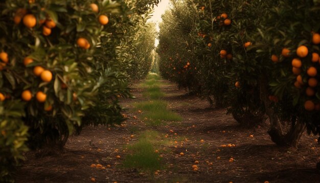 Row of ripe citrus trees in sunset glow generative AI