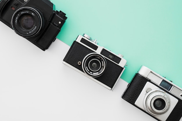 Row of vintage cameras