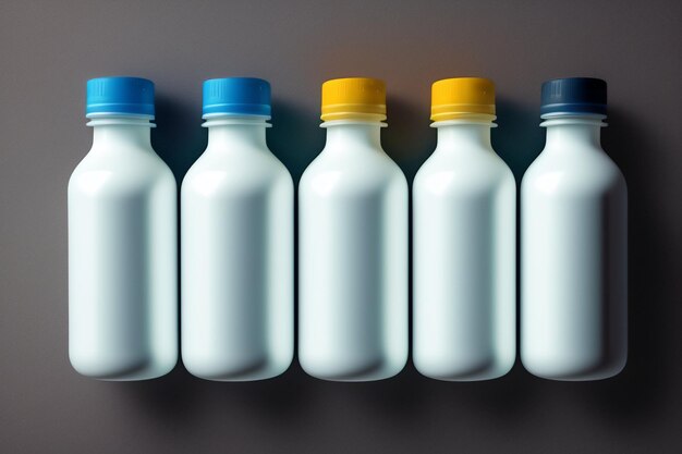 A row of white bottles with blue caps and yellow caps.