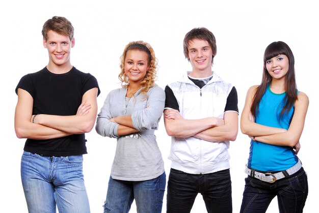 Row of young happy people. Isolated on white