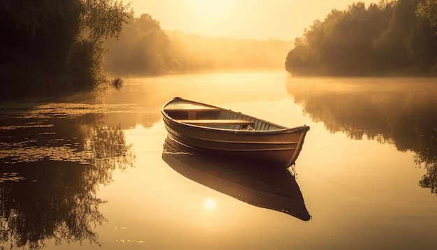 Rowboat glides on tranquil pond at dawn generated by AI