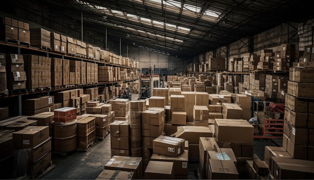 Free photo rows of crates in large indoor warehouse generated by ai