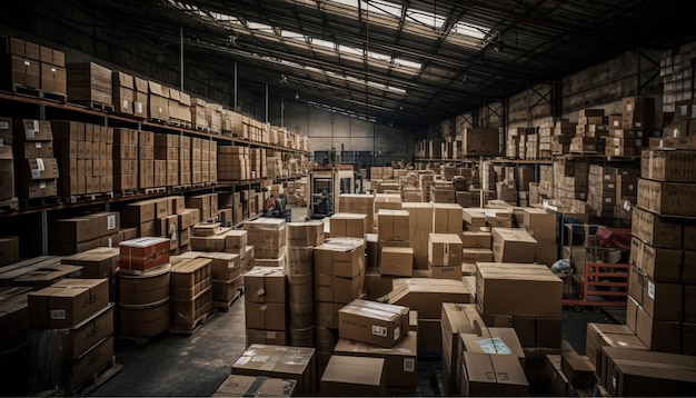 Бесплатное фото Ряды ящиков на большом крытом складе, сгенерированные ии