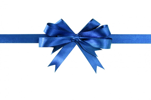로얄 블루 선물 리본 활 똑바로 가로 흰색에 격리.